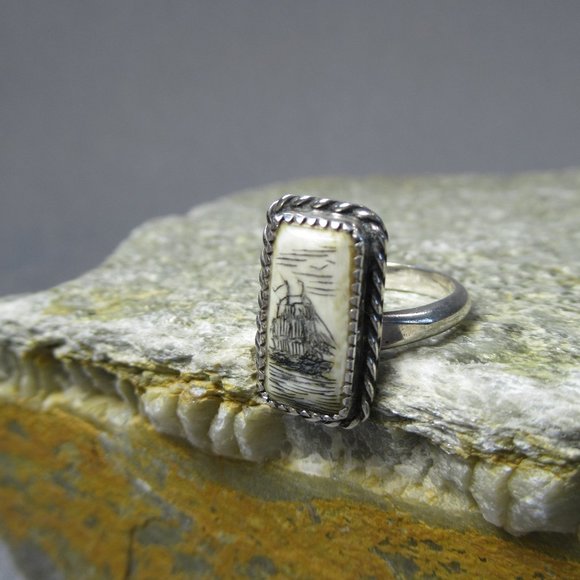 Scrimshaw Tall Ship Sterling Silver Setting Size 6 - Picture 9 of 9